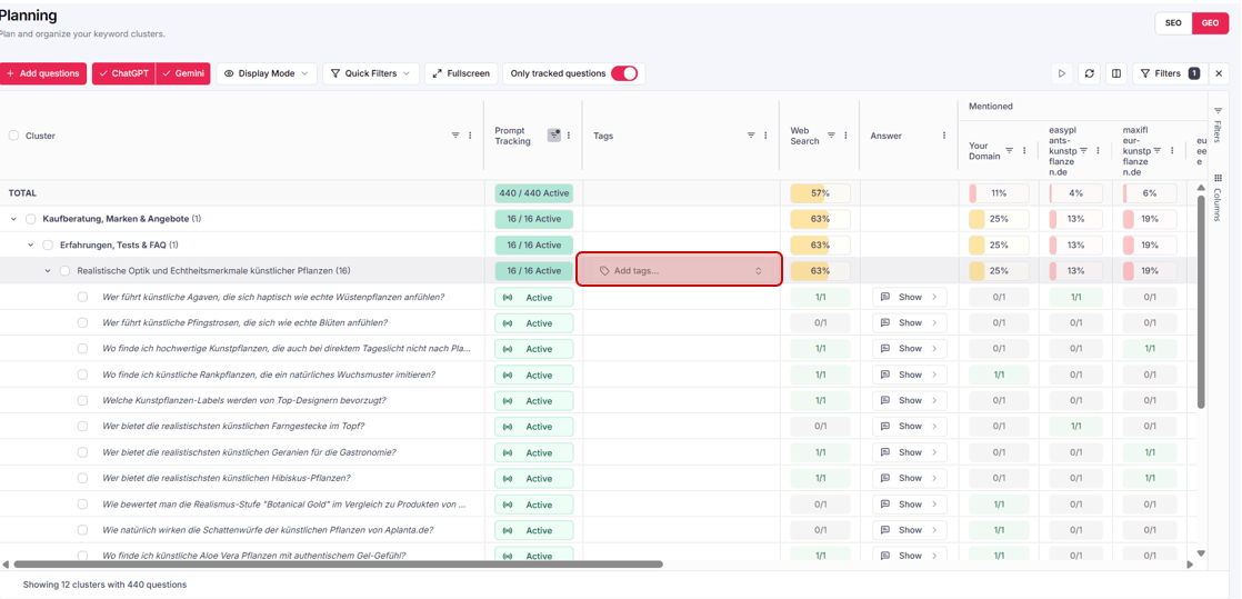 GEO-Tab der Planning-Ansicht mit neuer Tags-Spalte und „Add tags…“-Feld pro Cluster